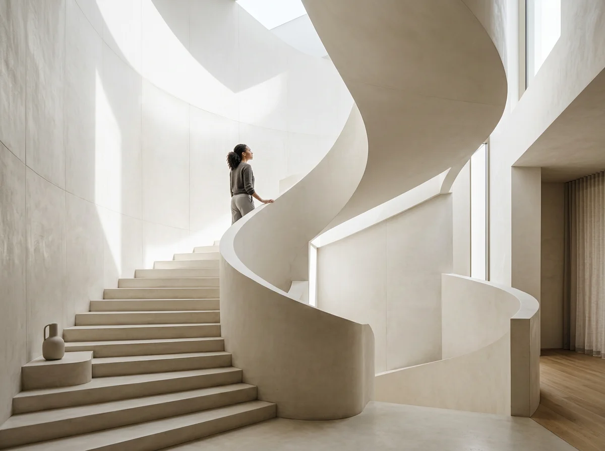 Woman standing on a sculptural curved staircase in a minimalist white modern interior.