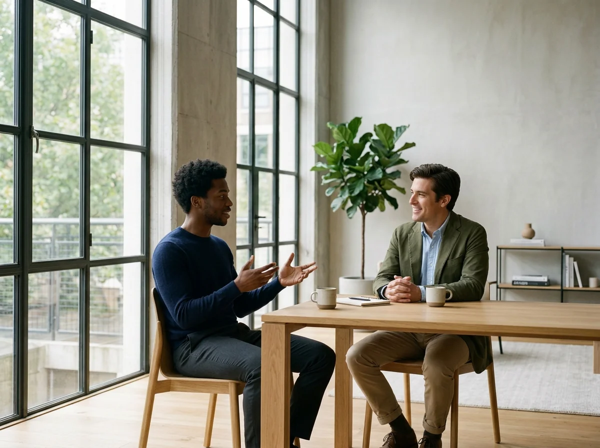 Two men having a conversation over coffee at a wooden table in a bright modern office.