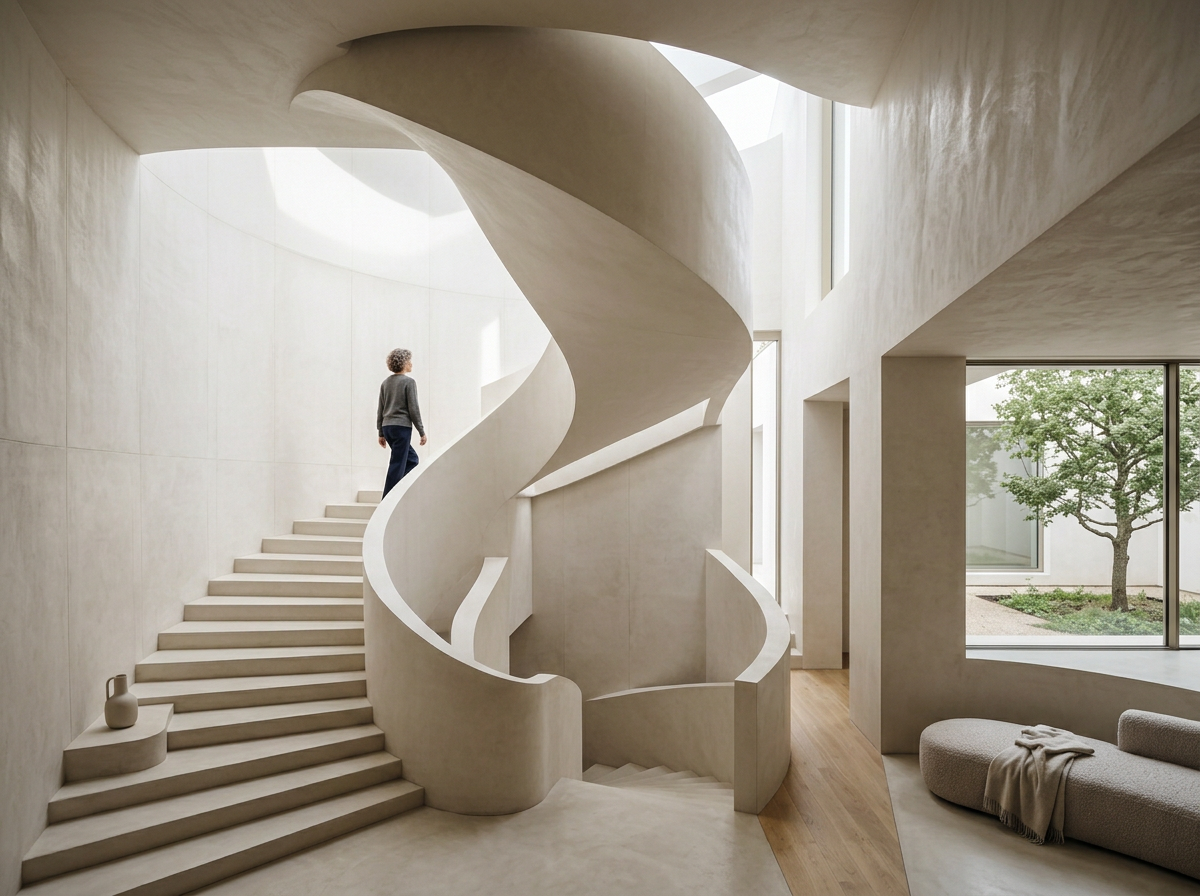 Modern minimalist interior with a sculptural curved staircase, person ascending the steps, and a window overlooking a courtyard tree.