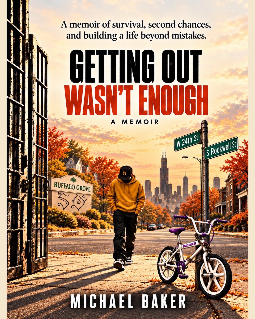 Getting Out Wasn’t Enough by Michael Baker. Chicago street signs and a figure walking beyond an open gate.