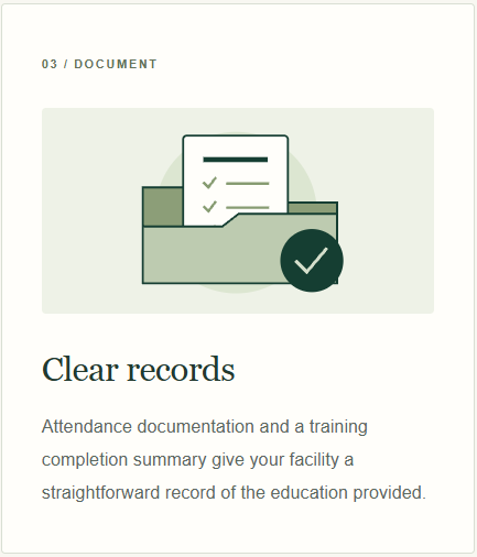 Document checklist illustration with a green checkmark and text about clear attendance and training records