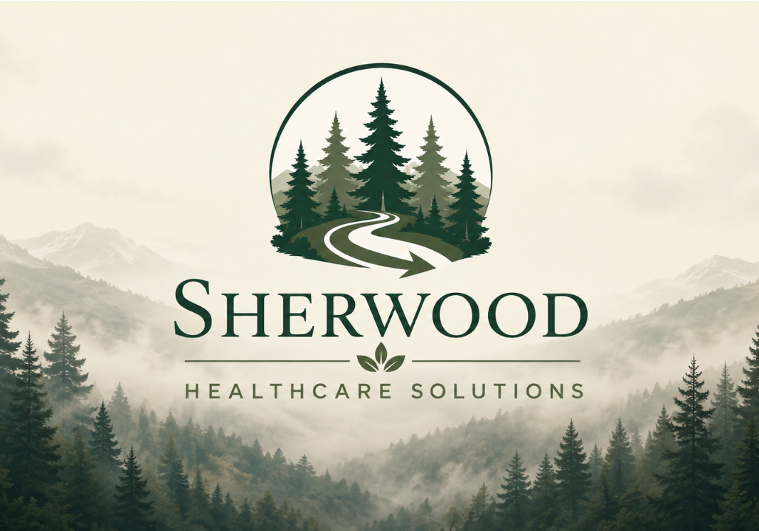 Sherwood Healthcare Solutions logo featuring evergreen trees, a winding road, and misty mountain forest background