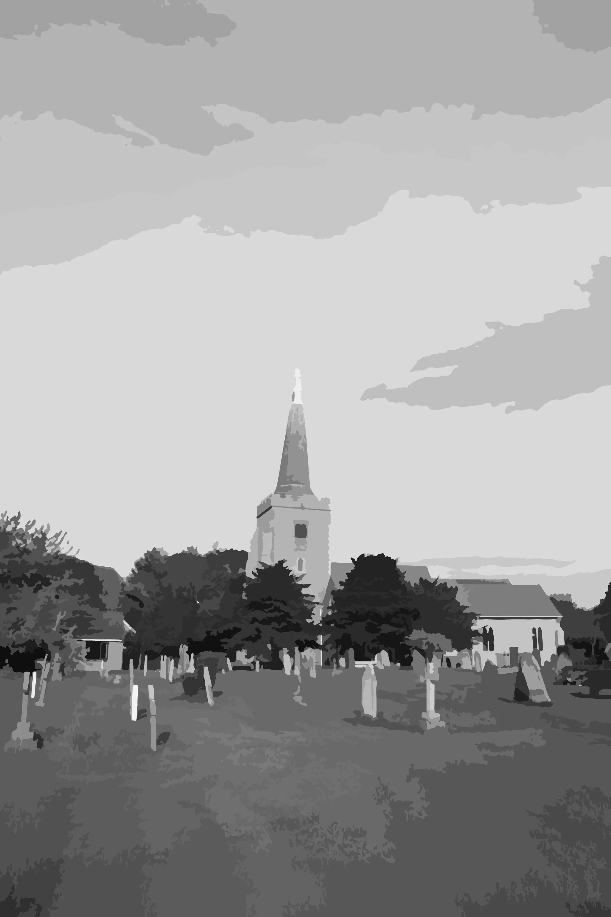 Grayscale illustration of a cemetery with tombstones, trees, and a tall church steeple beneath cloudy skies