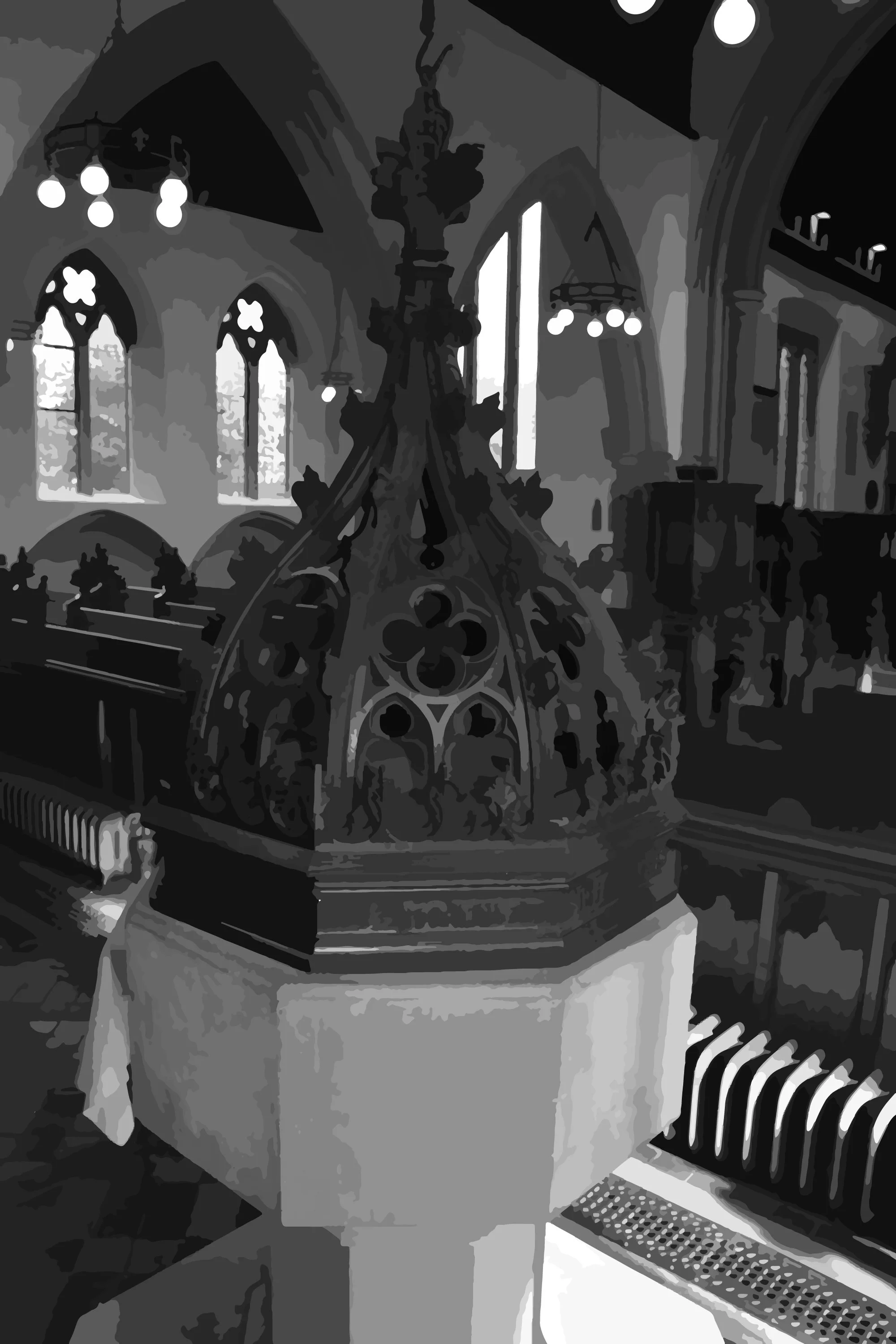 Gothic church interior with ornate columns, arched windows, hanging lights, and a decorative pipe organ.