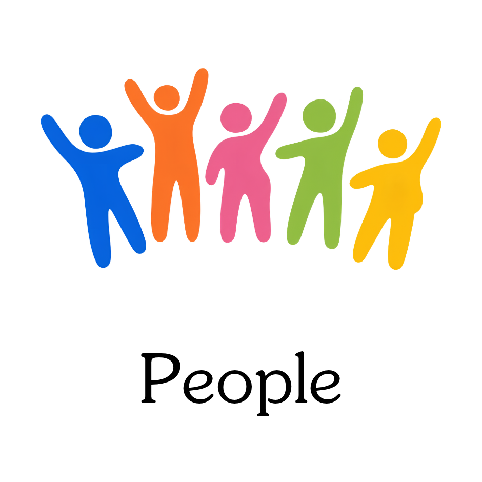 Colorful silhouettes of five people jumping with the word “People” below