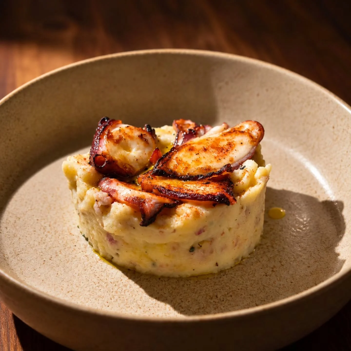 COULANT DE PULPO A LA GALLEGA

A little Spanish tradition, reimagined. 

A delicate potato and butifarra cake, topped with silky egg yolk cream, tender octopus, and the unmistakable smoky touch of Piment&oacute;n de la Vera.

Rich, comforting, and fu