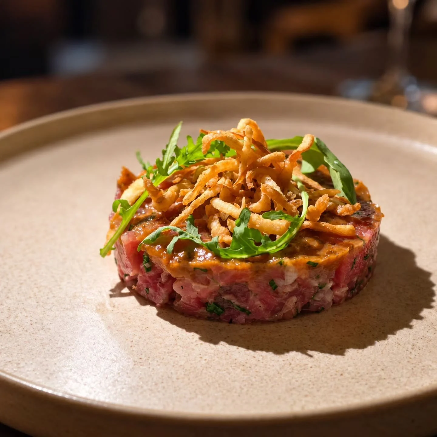 TUNA TARTARE 

Fresh tuna tartare meets the delicate sweetness of slow-braised onions, a vibrant sherry vinaigrette, and the irresistible crunch of crispy onions.
A little sweetness, a little acidity, a perfect crunch. Mediterranean simplicity with a