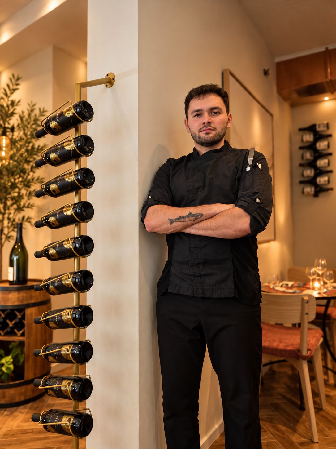 Chef in black uniform standing beside a vertical wine rack in a warmly lit restaurant