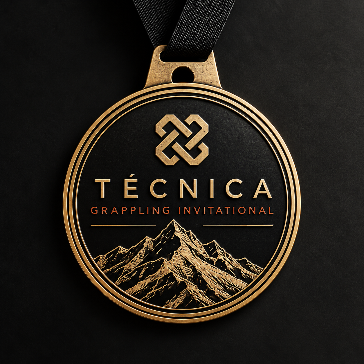 Gold and black Téchnica Grappling Invitational medal featuring a mountain design and black ribbon