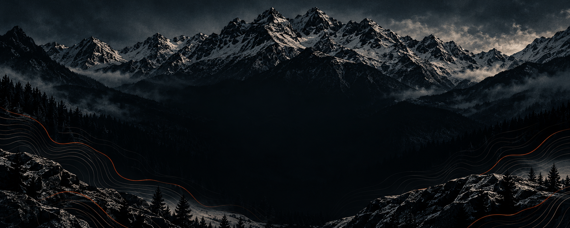Dark, dramatic panorama of snow-capped mountain peaks, forested valleys, mist, and orange contour lines in the foreground