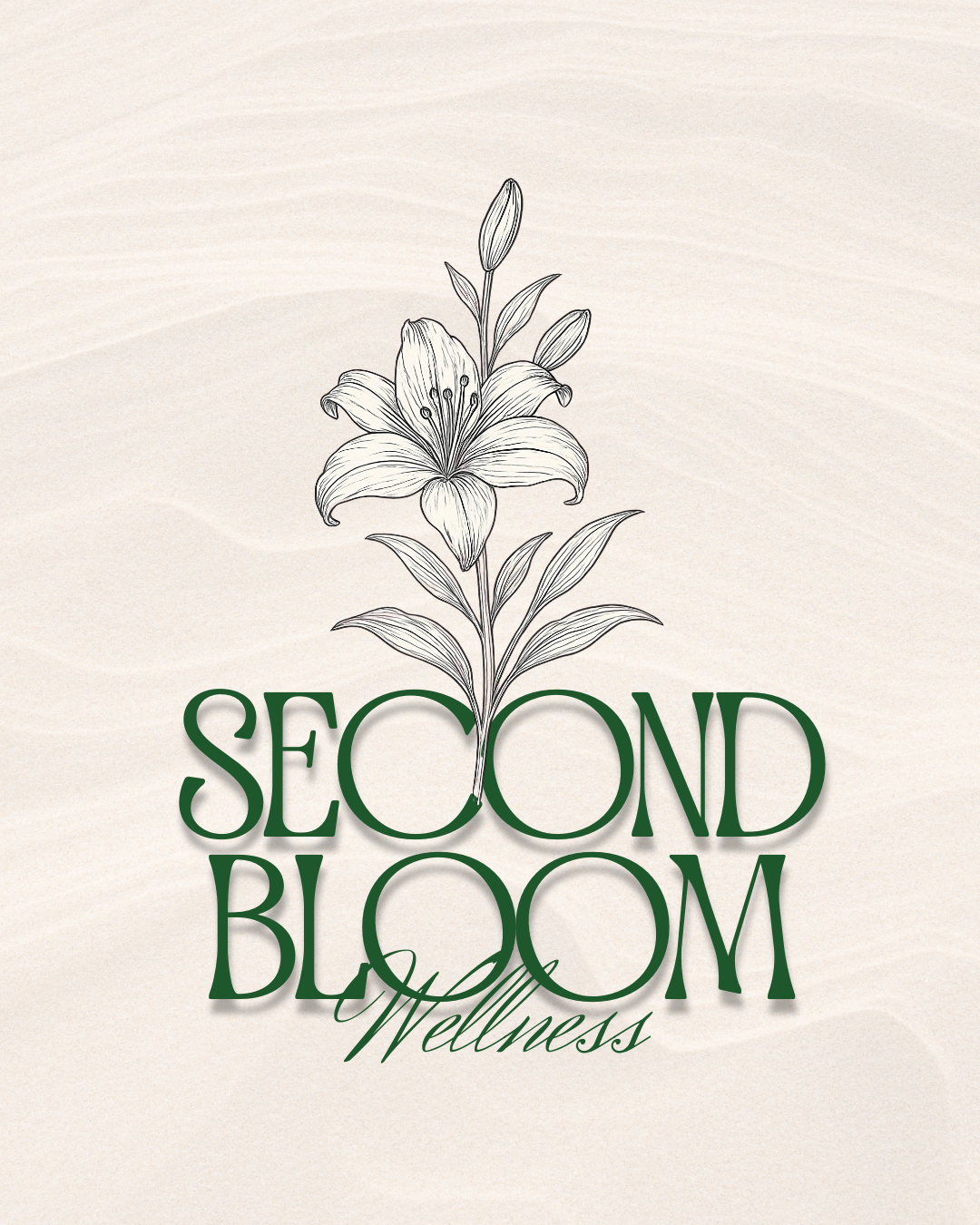 Second Bloom Wellness logo featuring a line-drawn lily flower above dark green typography on a cream textured background