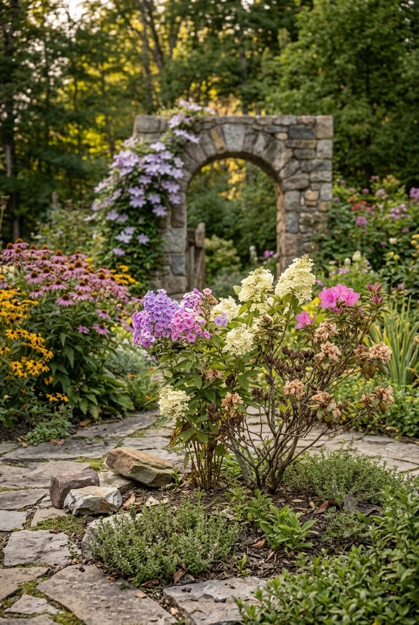 Lush woodland garden with colorful flowers, stone pathway, and vine-covered stone archway
