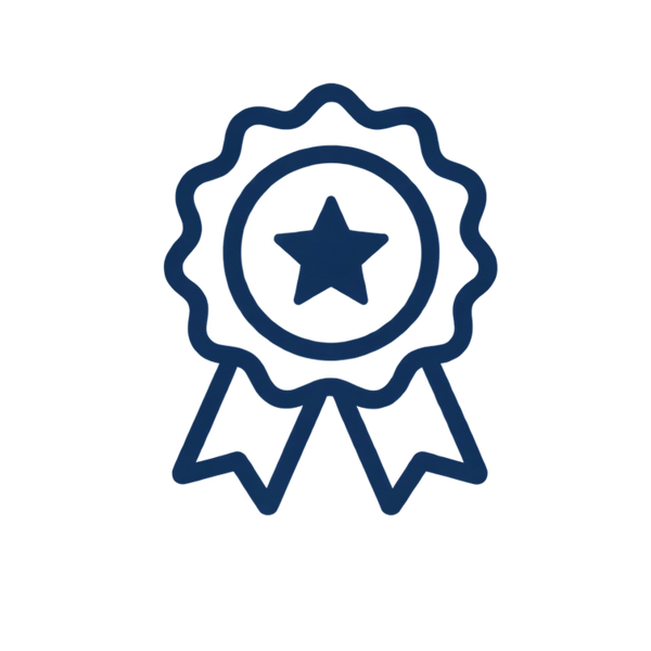 Blue award ribbon badge with a star in the center