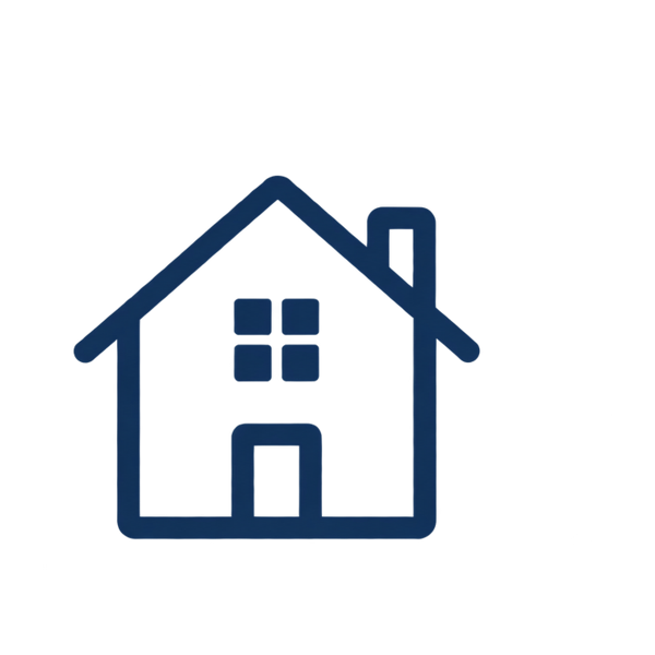 Dark blue outline icon of a house with a pitched roof, chimney, four-pane window, and front door.