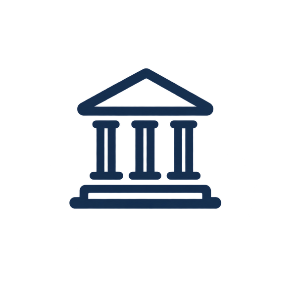 Blue classical bank or courthouse building icon with columns and triangular roof