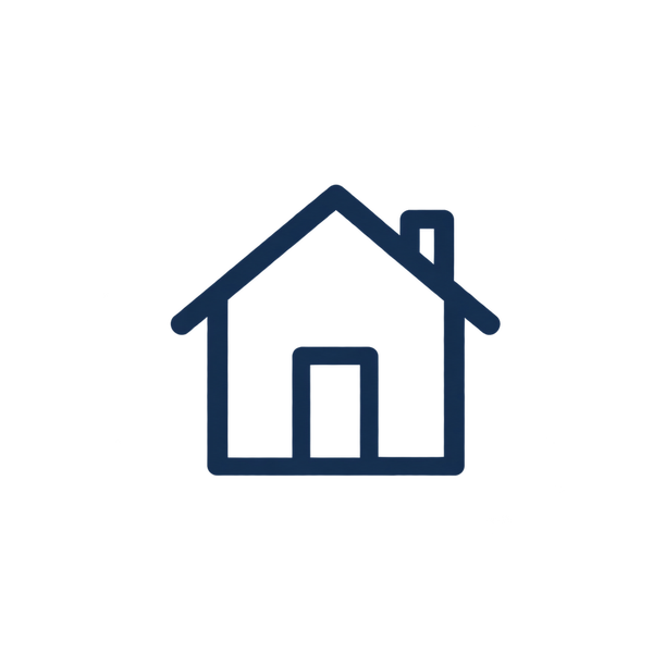 Dark blue outline icon of a house with a pitched roof, chimney, and front door