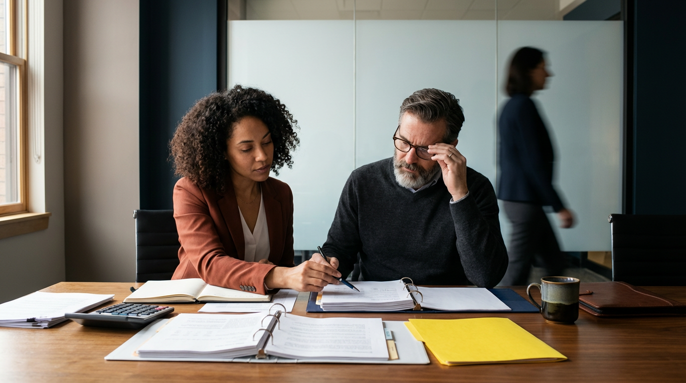 Business colleagues reviewing documents at an office conference table