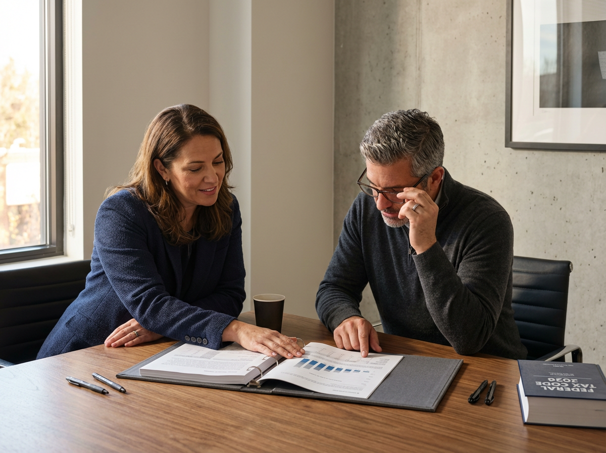 Business professionals reviewing financial documents and charts at a conference table