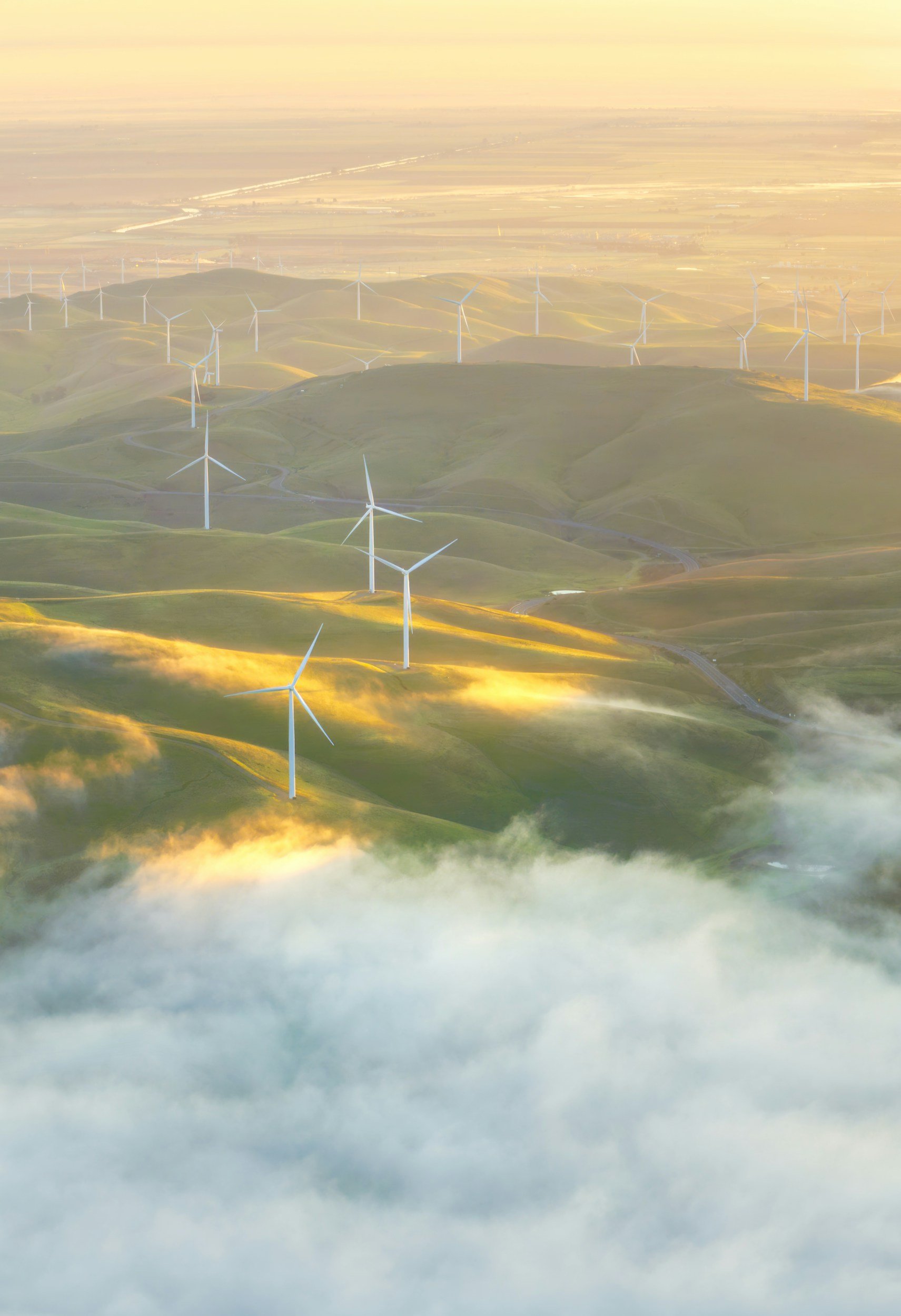 Aerial view of a large wind farm across rolling green hills, surrounded by golden sunlight and low clouds.