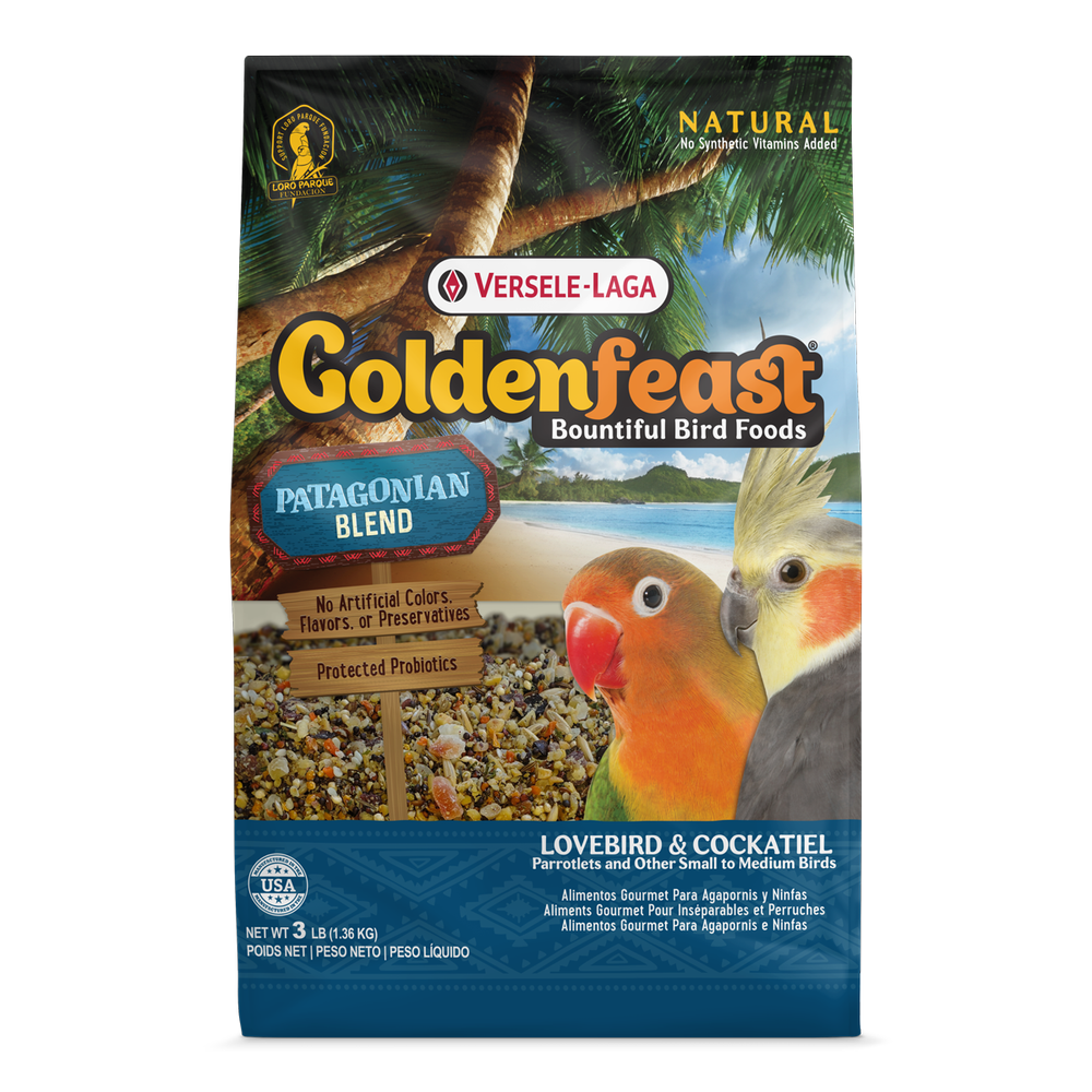 Versela-Laga Goldenfeast Patagonia Blend gourmet bird food bag for lovebirds and cockatiels offered by the Millet Man