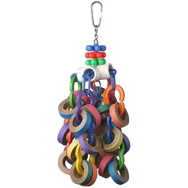 Colorful hanging bird toy with wooden rings, plastic links, beads, and metal clip