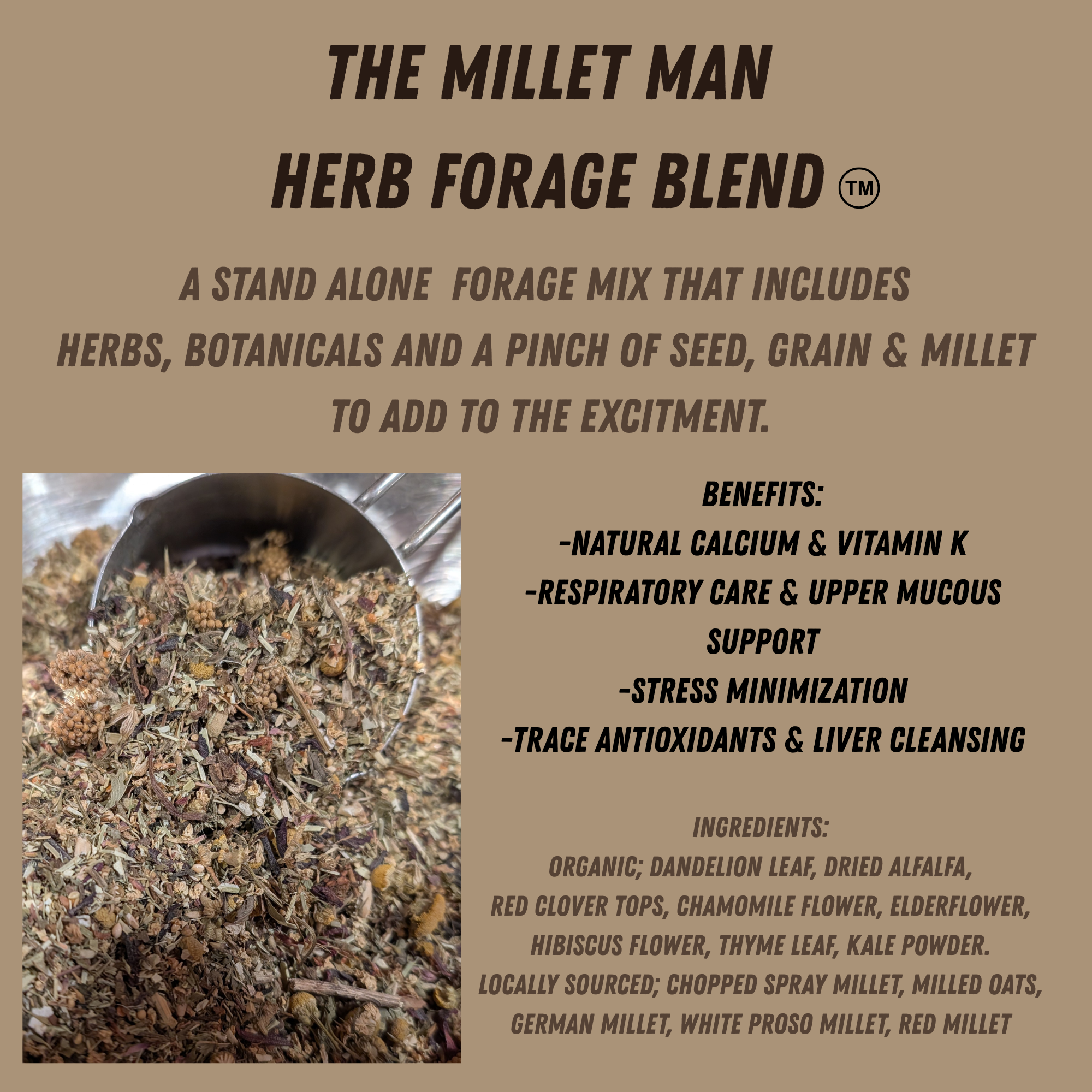 The Millet Man Herb Forage Blend product graphic featuring a bowl of dried herbs, botanicals, seeds, and millet, with listed benefits and ingredients.