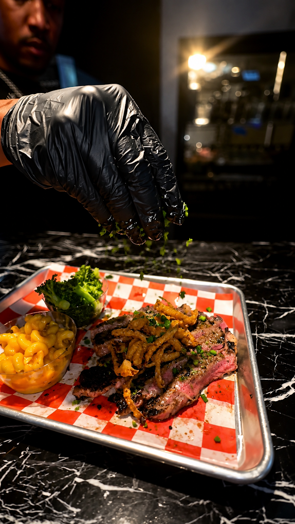Chef in a black glove garnishing a sliced steak with crispy onions and herbs on a checkered tray, served with macaroni and cheese and broccoli.
