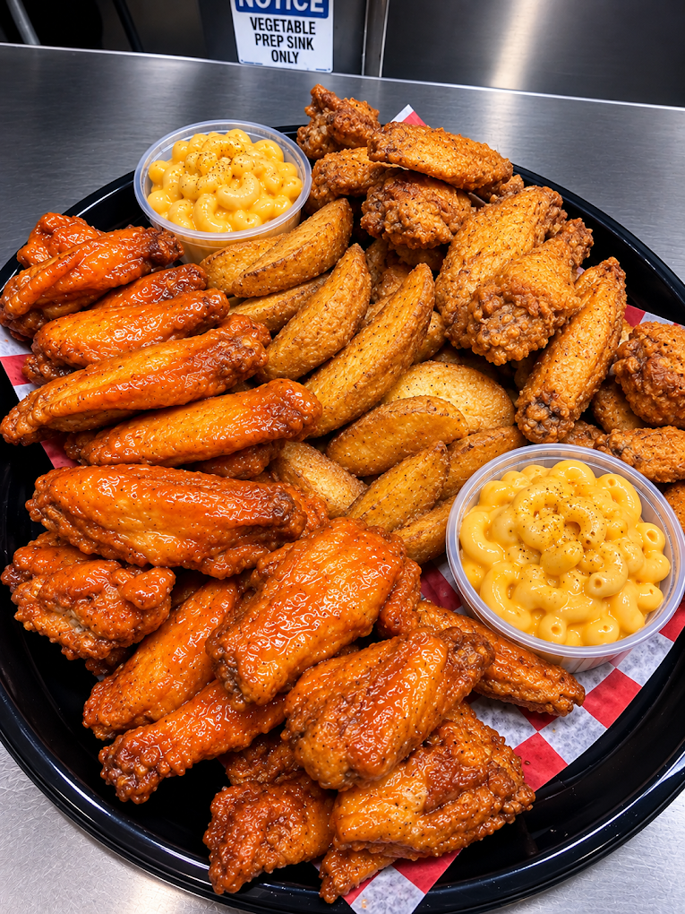 Black tray piled with sauced chicken wings, seasoned fried wings, potato wedges, and two cups of macaroni and cheese