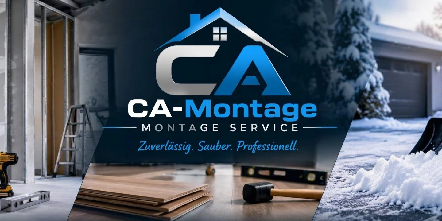 Logo von CA-Montage Montage Service mit Hausdach-Symbol und Szenen aus Innenausbau, Bodenverlegung und Winterdienst im Schnee.