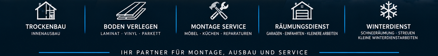 Banner für Trockenbau, Bodenverlegung, Montageservice, Räumungsdienst und Winterdienst