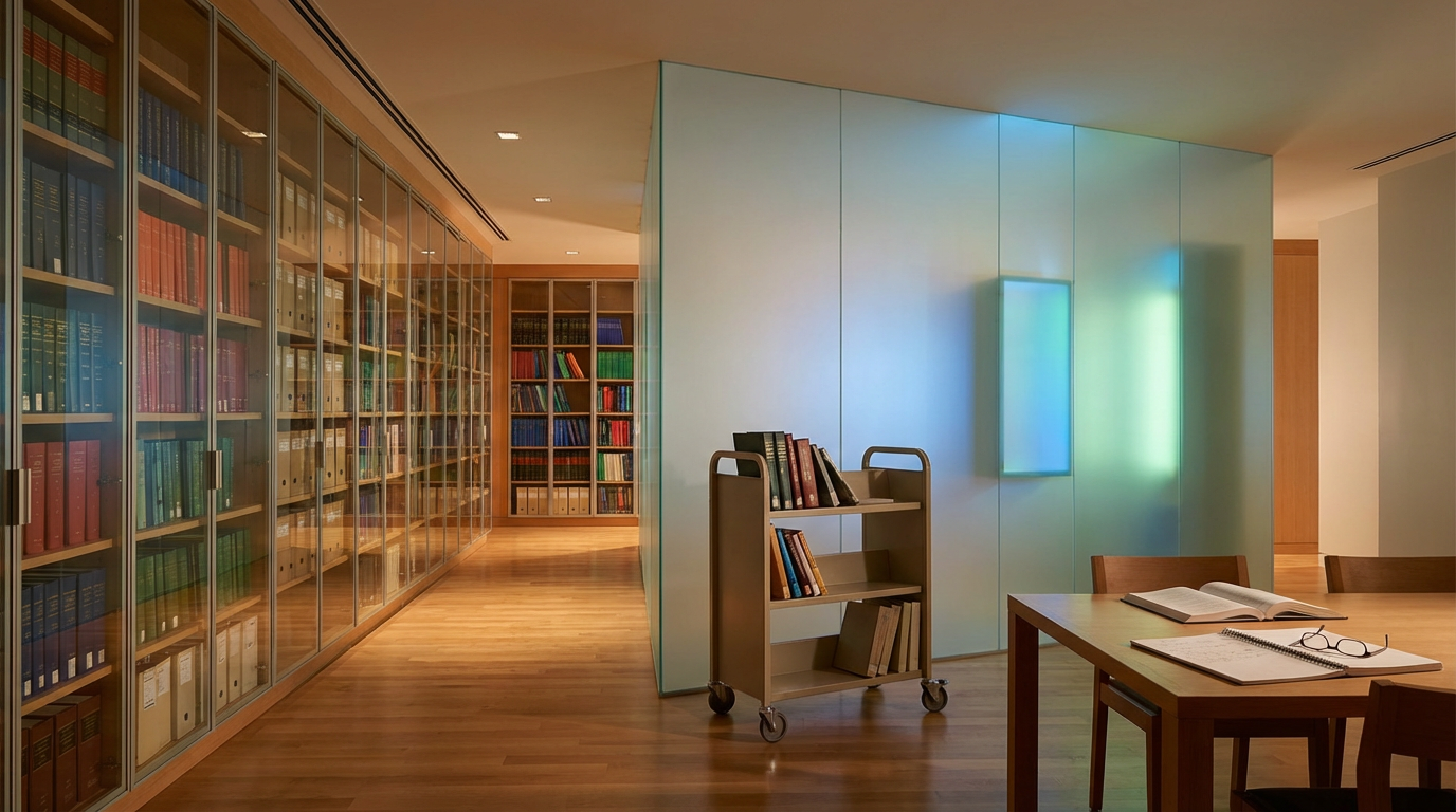 Modern library reading room with glass-fronted bookshelves, rolling book cart, study table, open books, and eyeglasses
