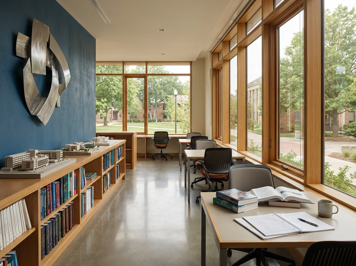 Bright library reading room with bookshelves, study tables, office chairs, large windows, architectural models, and abstract wall art