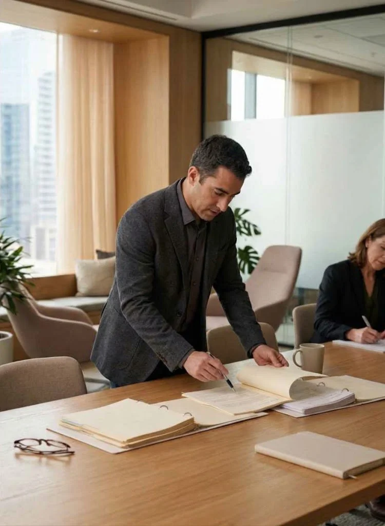Businessman reviewing documents at a conference table while a colleague takes notes in a modern office
