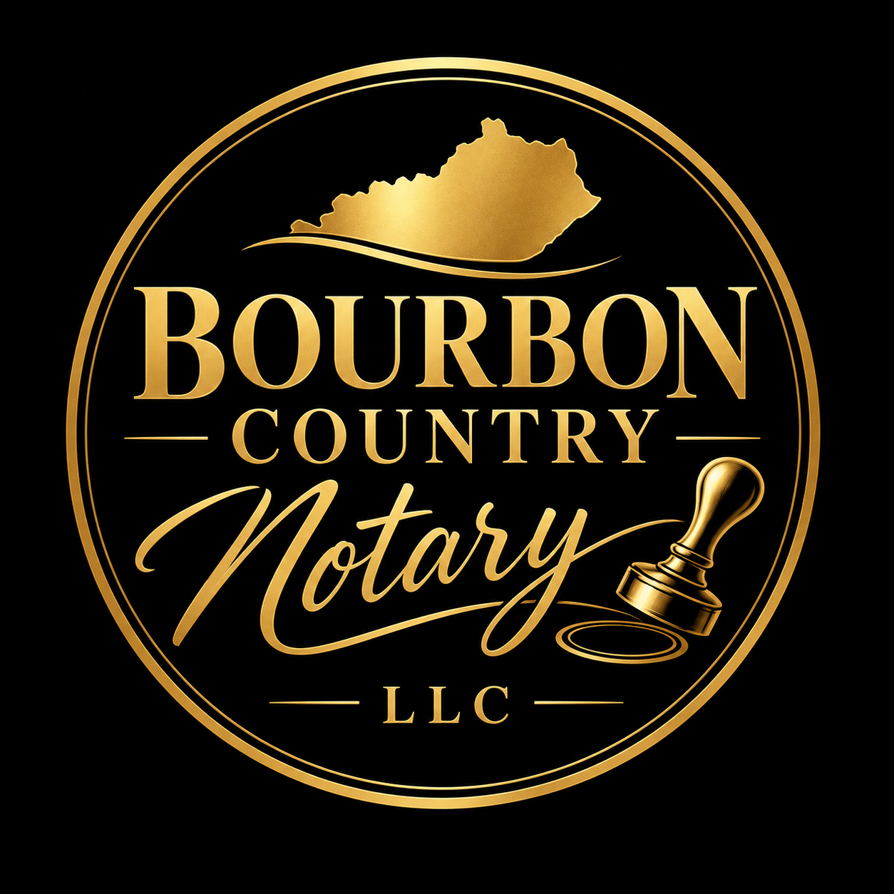 Gold Bourbon Country Notary LLC logo featuring a Kentucky-shaped silhouette, circular border, and notary stamp on a black background