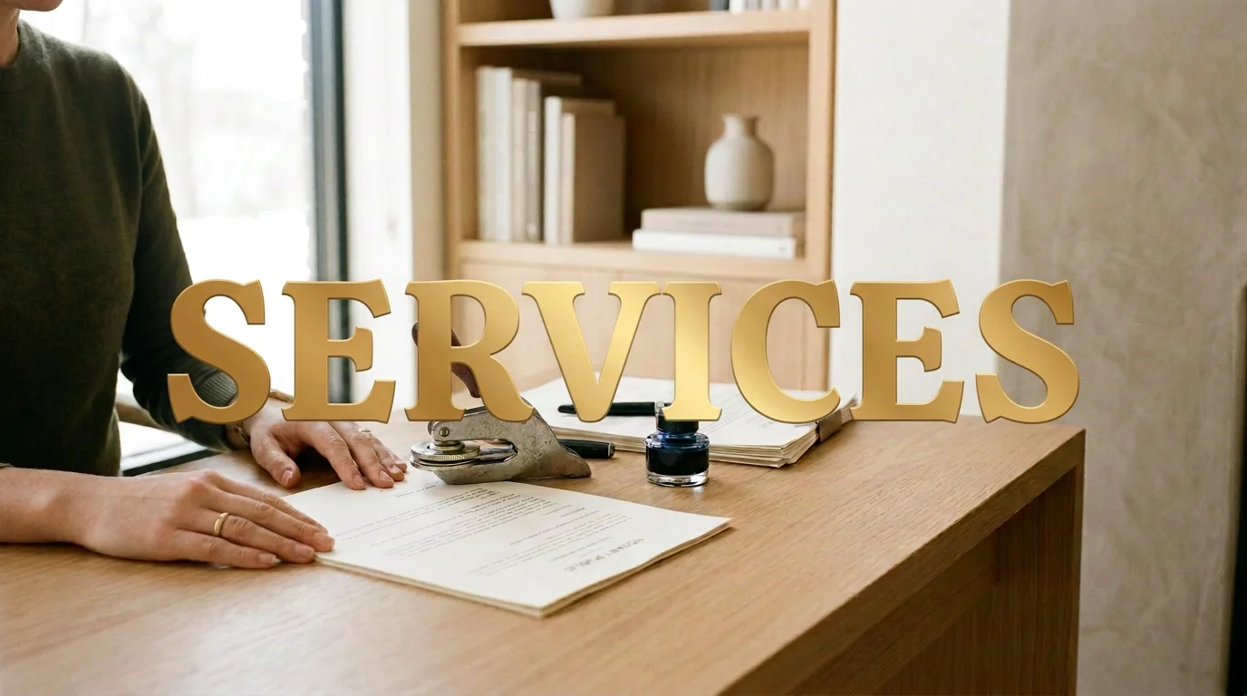 Person signing documents at a desk with a stamp, papers, and large gold “SERVICES” text