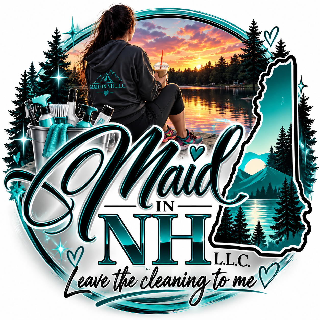 Maid in NH LLC cleaning service logo featuring a woman by a New Hampshire lake, cleaning supplies, pine trees, and the slogan “Leave the cleaning to me.”