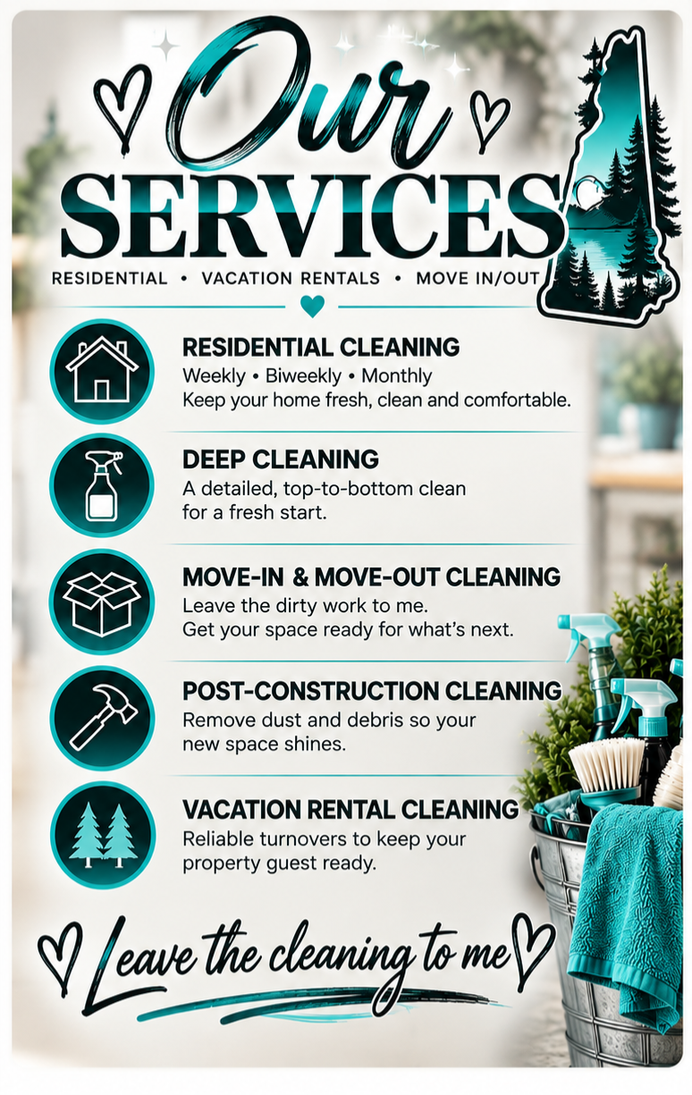 Our Services cleaning flyer listing residential, deep, move-in and move-out, post-construction, and vacation rental cleaning, with teal cleaning supplies and mountain logo.
