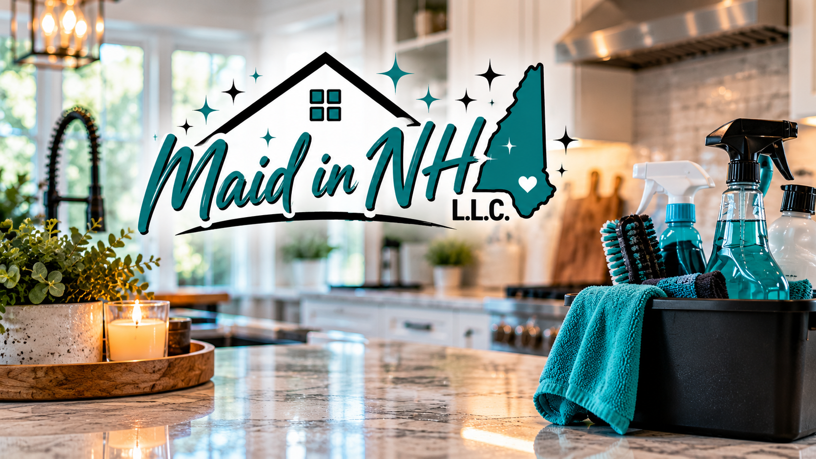 Maid in NH LLC cleaning service logo over a bright kitchen with spray bottles, brushes, and turquoise towels