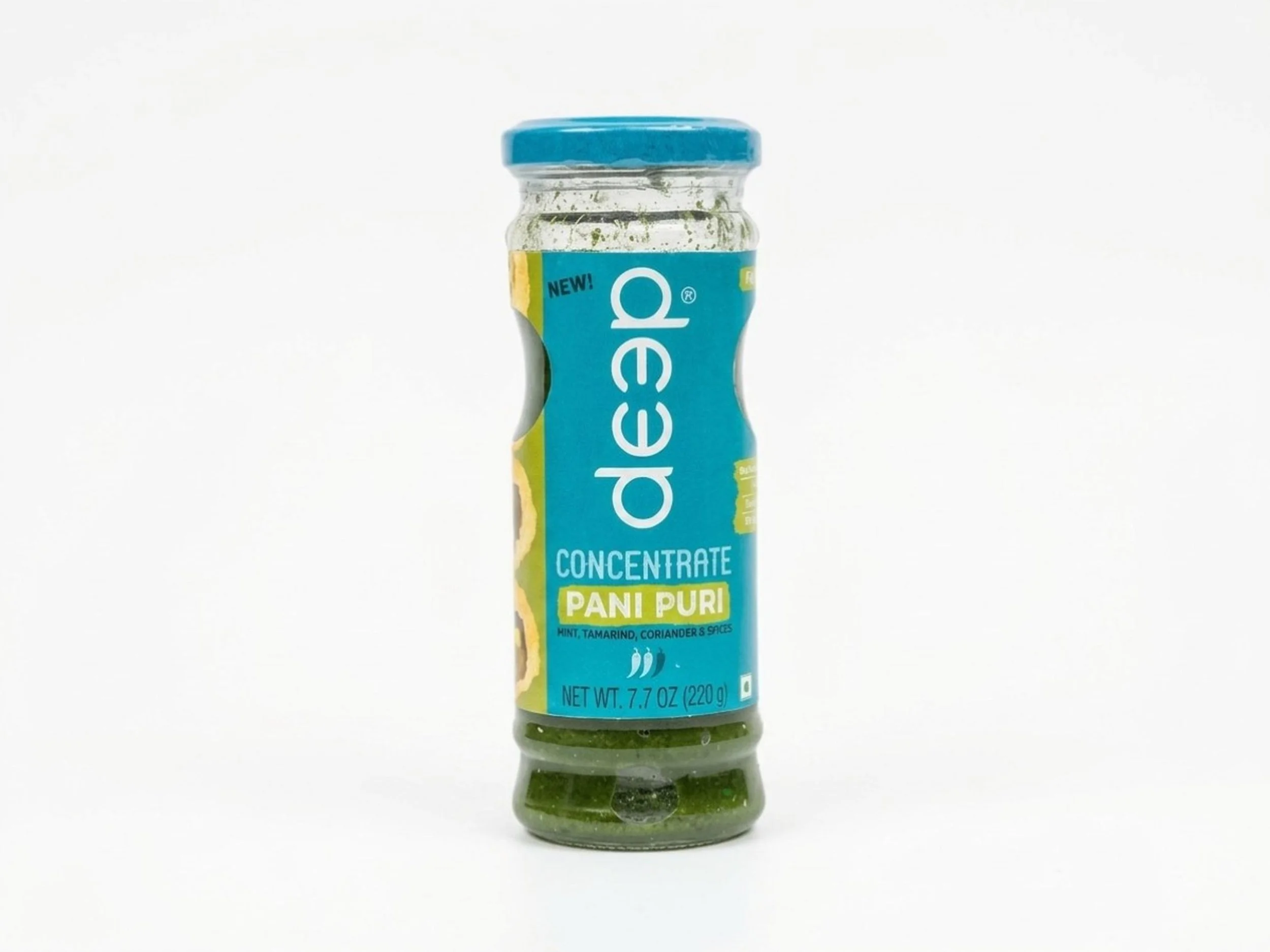 Bottle of Deep Pani Puri concentrate flavored with mint, tamarind, coriander, and spices