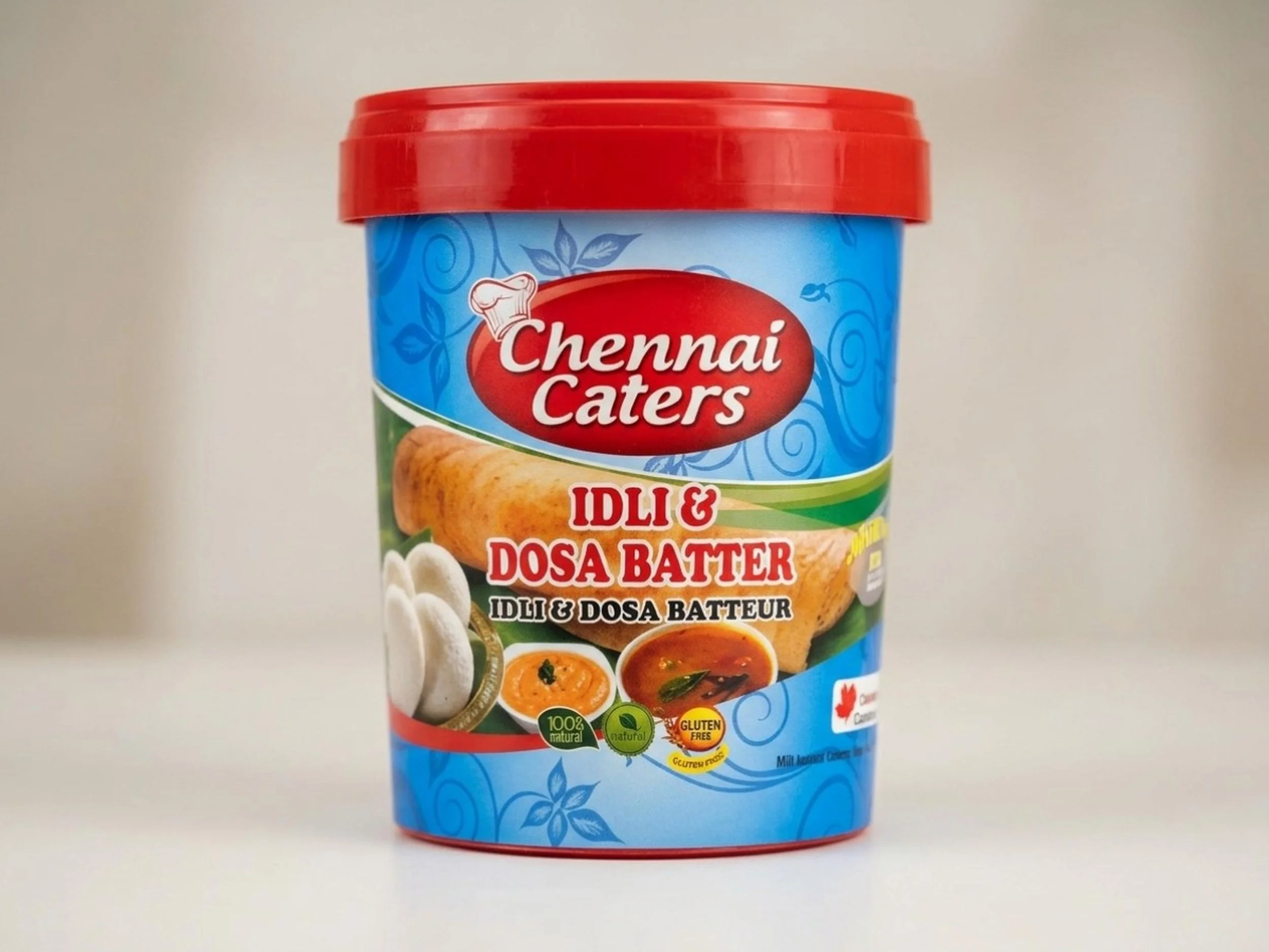 Chennai Caters idli and dosa batter container with red lid