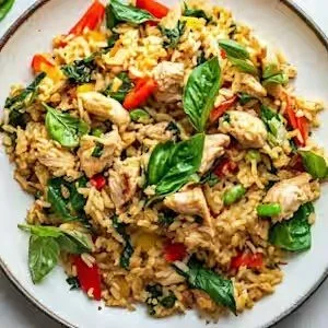 Thai basil chicken fried rice with vegetables and red chili peppers on a plate