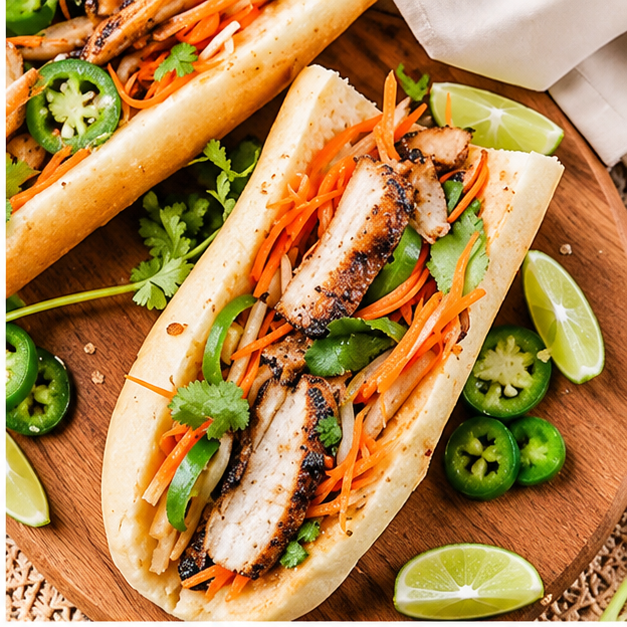 Grilled chicken banh mi sandwiches with pickled carrots, cilantro, jalapeños, and lime wedges