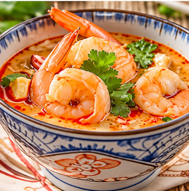 Close-up of spicy shrimp soup with large prawns, cilantro, and chili oil in a blue-and-white ceramic bowl