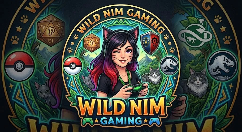 Nim pictured with dice, pokeballs, game logos and her 2 cats