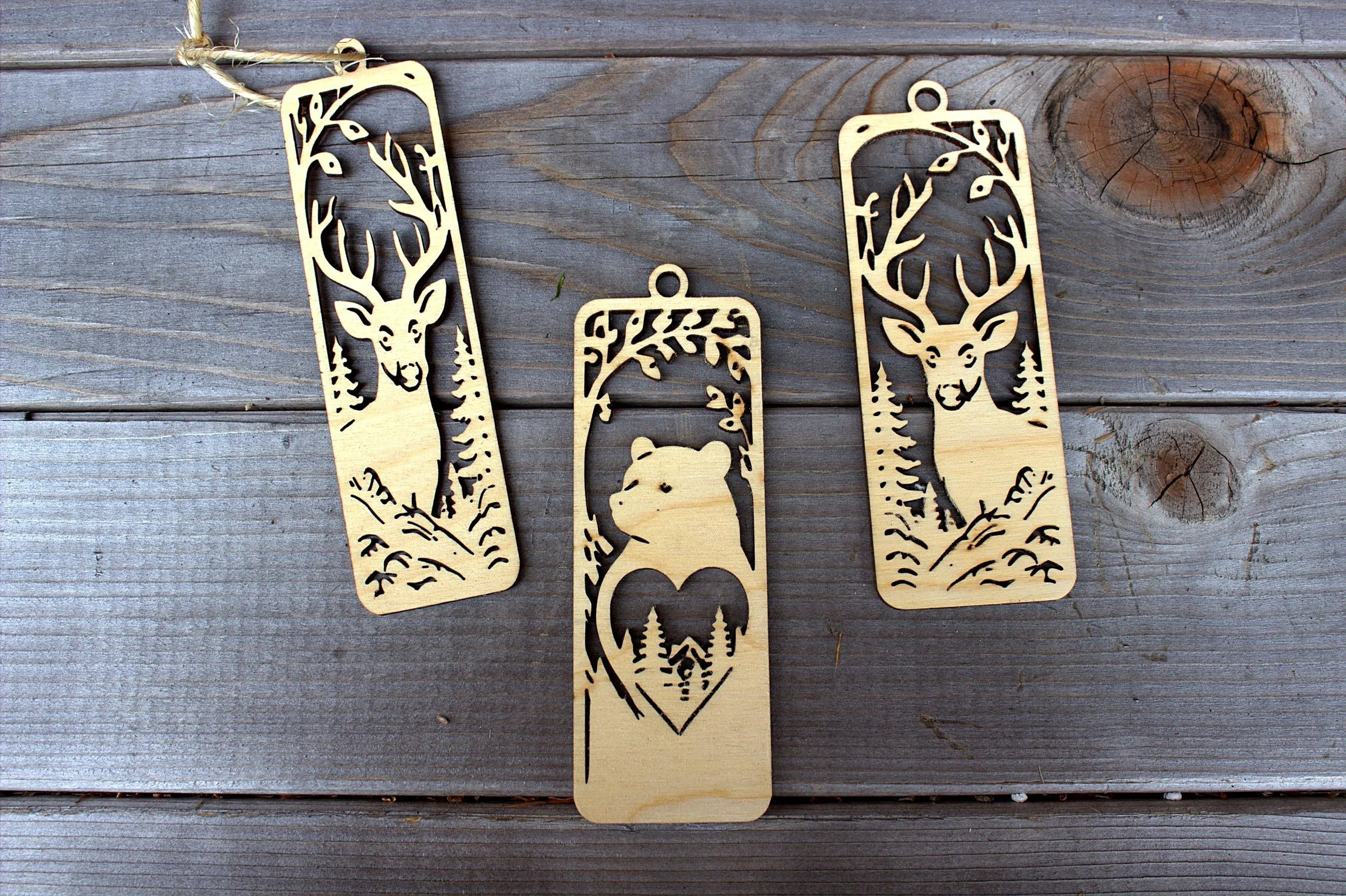 Laser-cut bookmarks — deer and bear designs