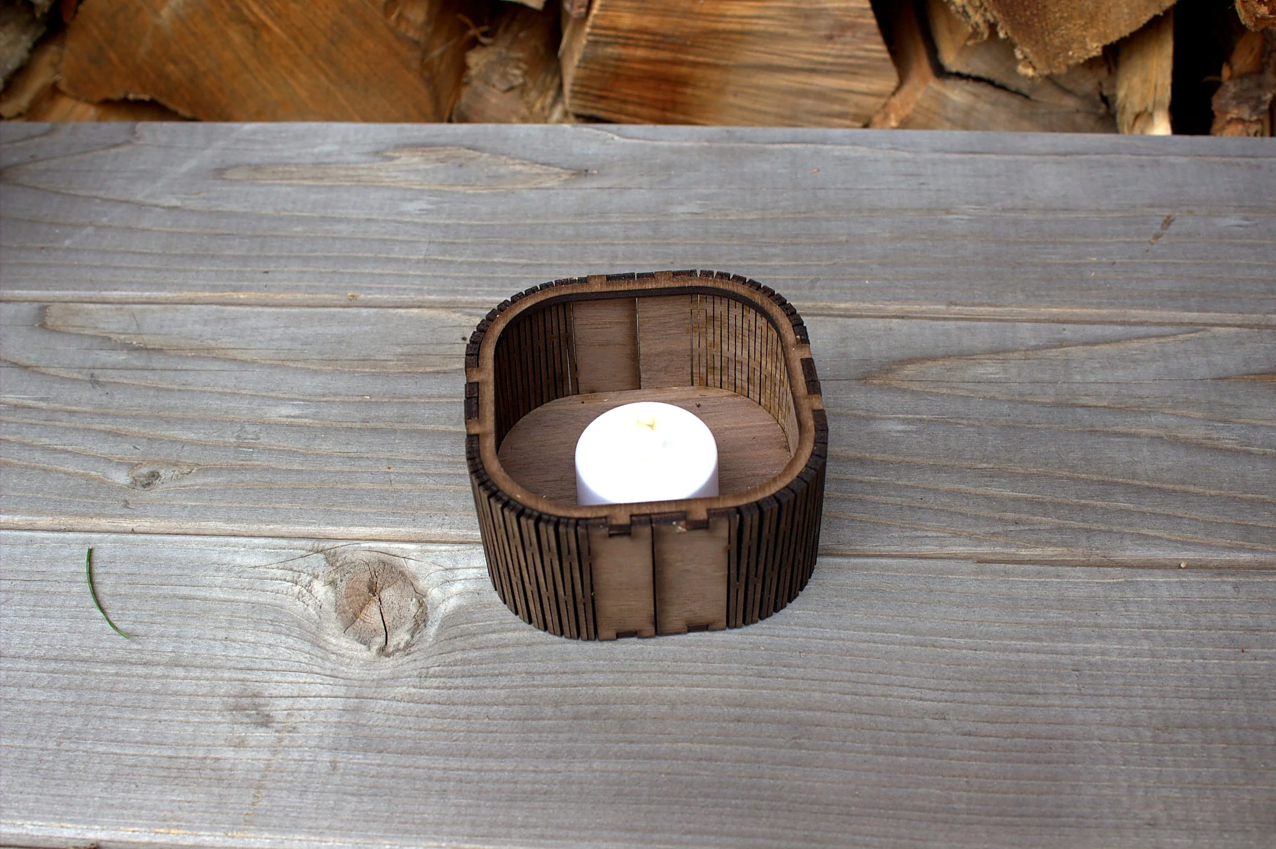 Wooden candle holder with candle