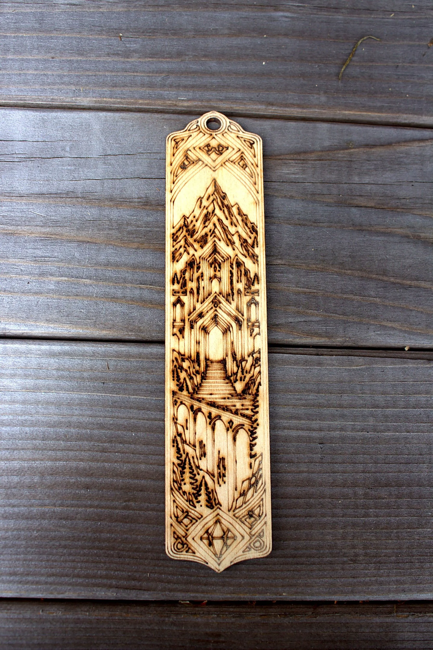 Laser-engraved bookmark — mountain design