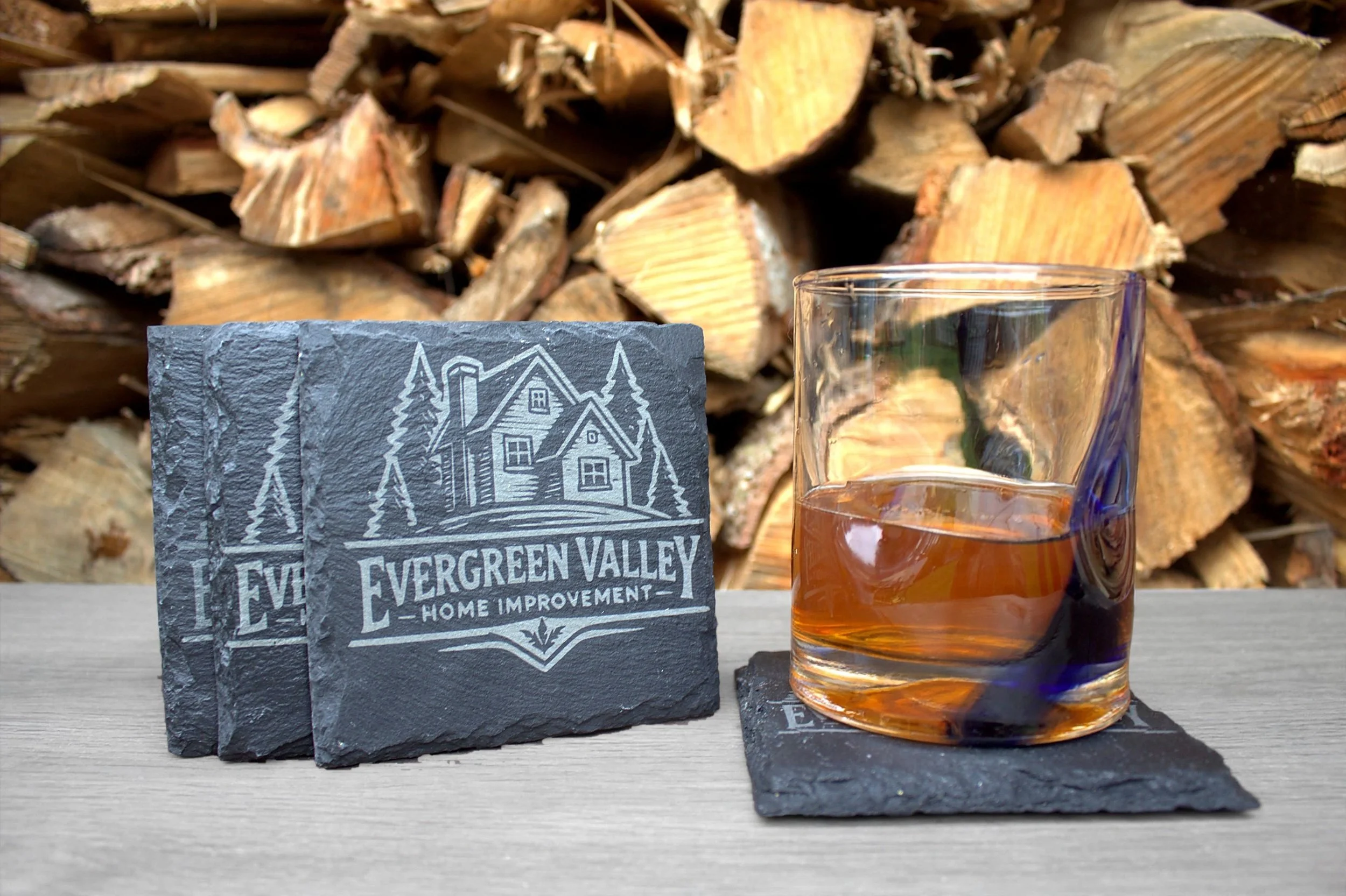 Custom-engraved slate coasters with a business logo