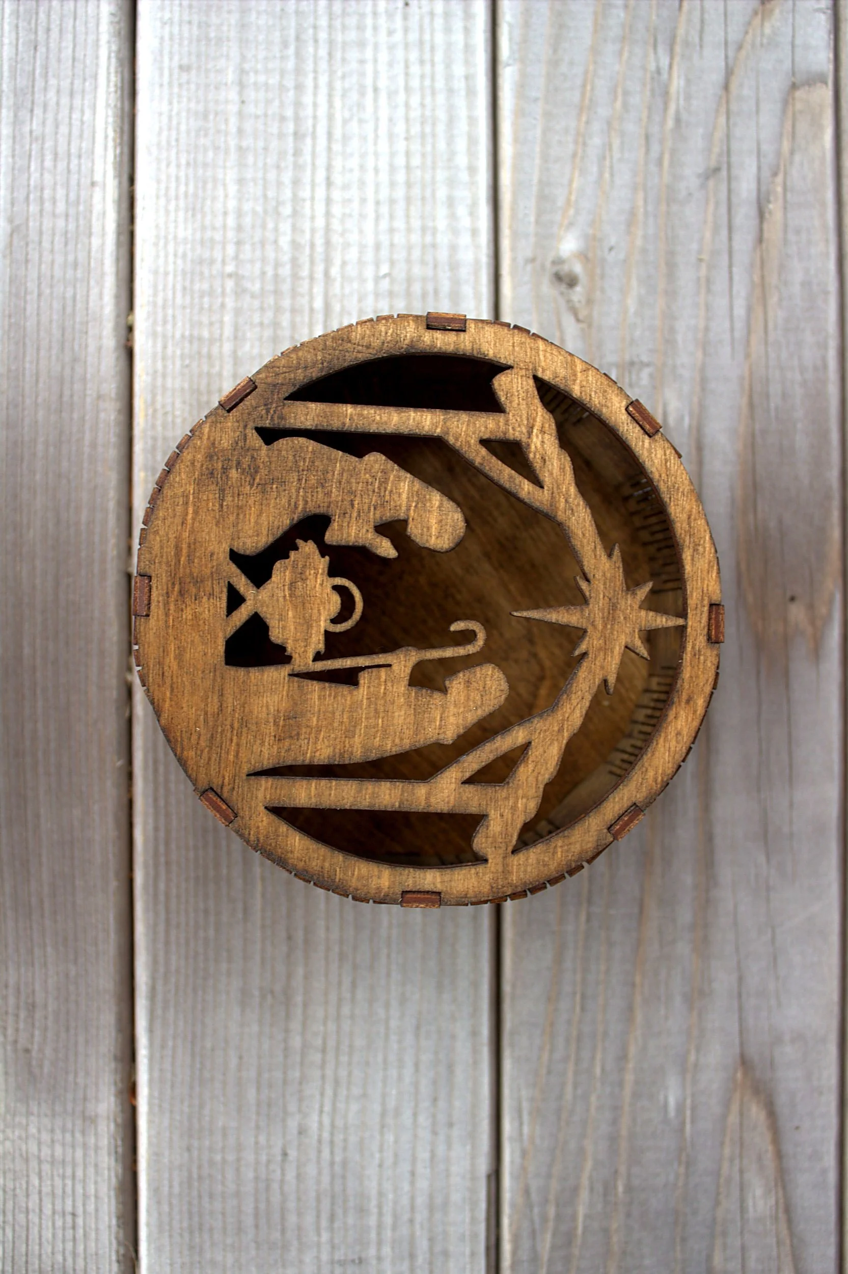 Laser-cut nativity scene disc — top view