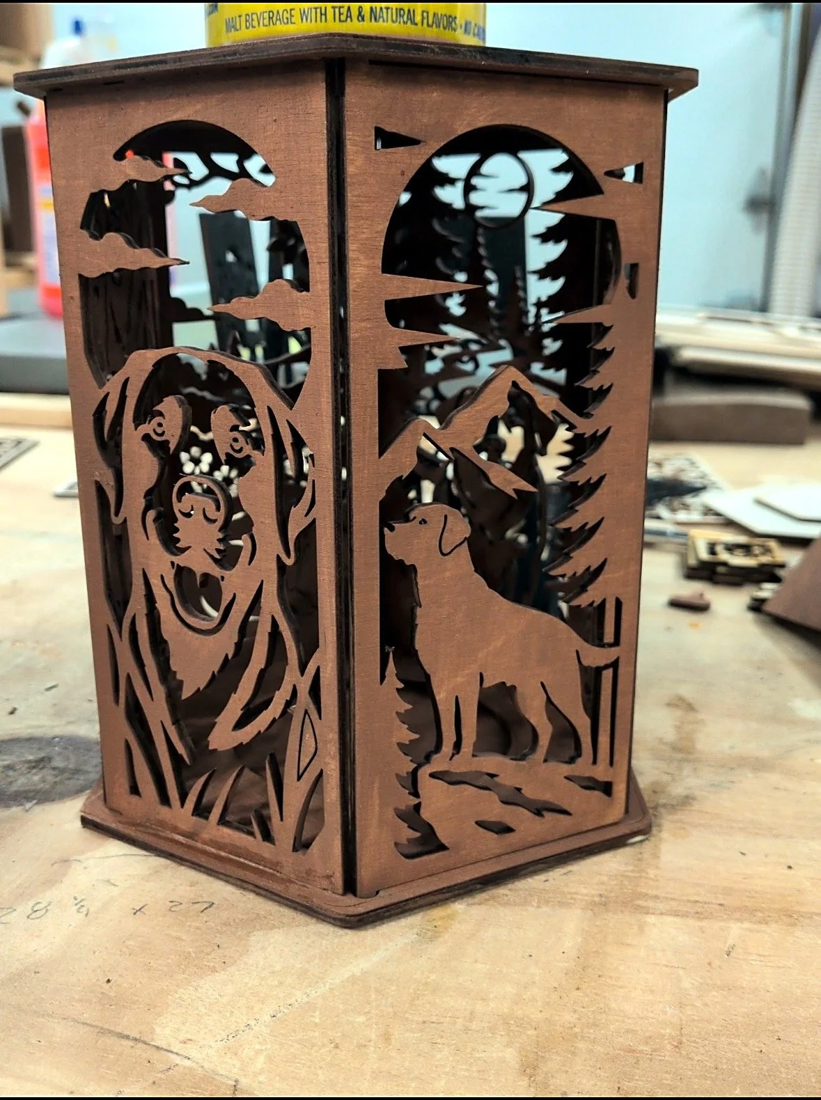 Wildlife lantern, dog and mountain scene